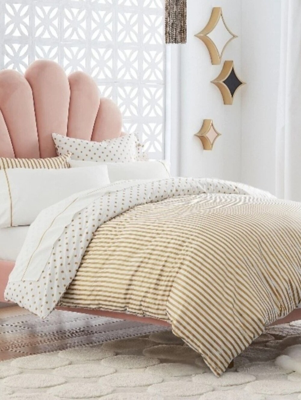 Pottery Barn Emily Meritt Gold Stripe Dottie Reversible Duvet F/Q W/Euro Sham